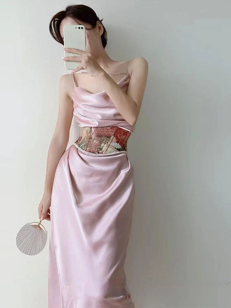 Aiertu Summer Elegant Sexy Two Piece Set Women Pink France Sweet Party Dress Set Female Print Vintage Tunic + Ruched Fairy Dress New Aiertu