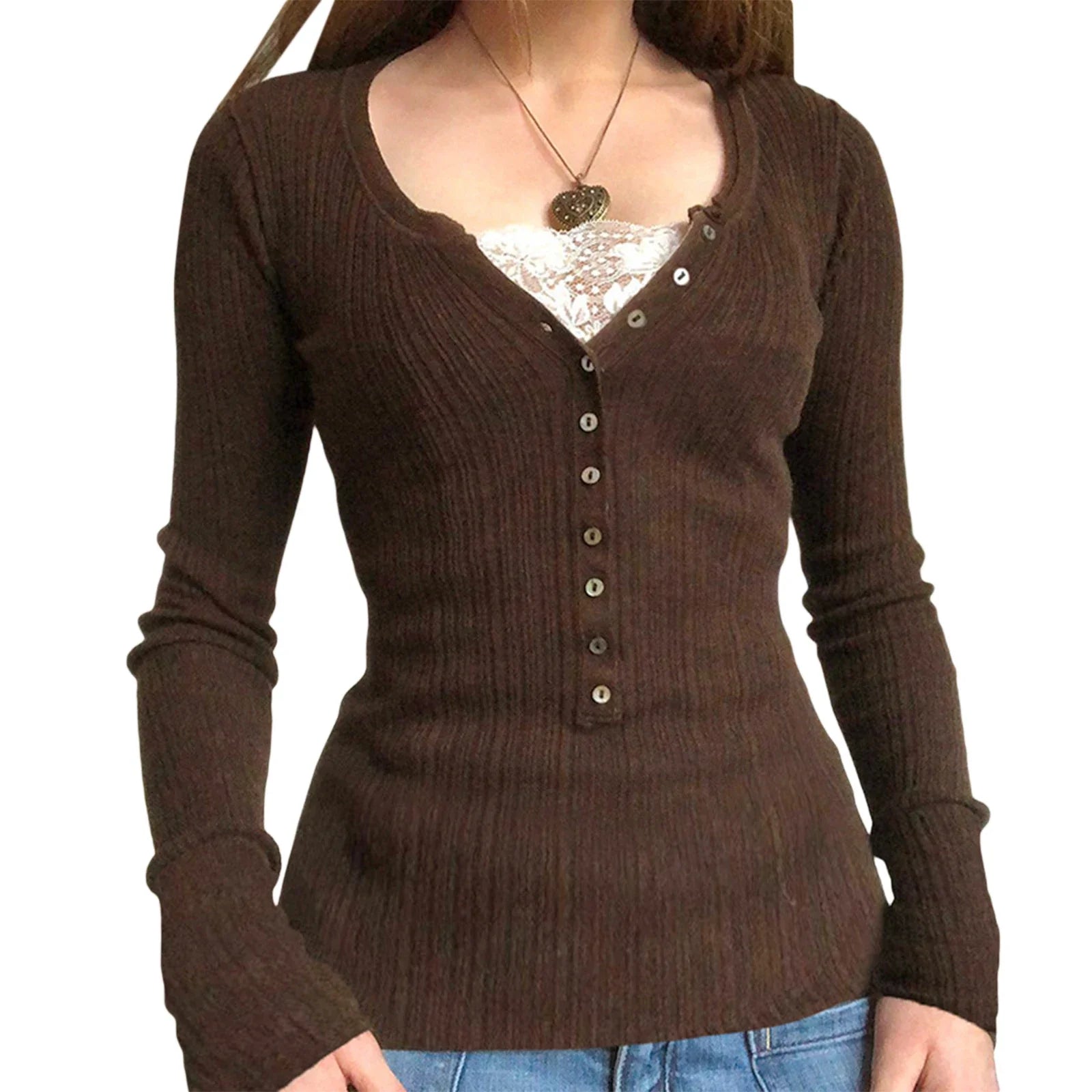 Aiertu FALL OUTFITS Womens Spring Autumn Slim Tops Black Long Sleeve Button Down Ribbed Skinny T-shirt Aiertu