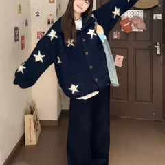 AIERTU  -  Korean Style Star Sweater Cardigan Knit Autumn Winter Lazy Style Loose New Lapel Coat Fashion High End Niche Women Aiertu
