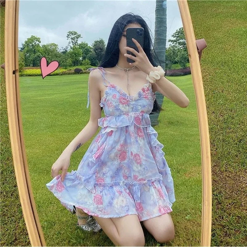 Aiertu Spaghetti Strap Dress Women Ruffles Sexy Japanese Sweet Princess Dress Female Beach Holiday Floral Mini Boho Dress 2024 Summer Aiertu