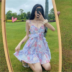 Aiertu Spaghetti Strap Dress Women Ruffles Sexy Japanese Sweet Princess Dress Female Beach Holiday Floral Mini Boho Dress 2024 Summer Aiertu