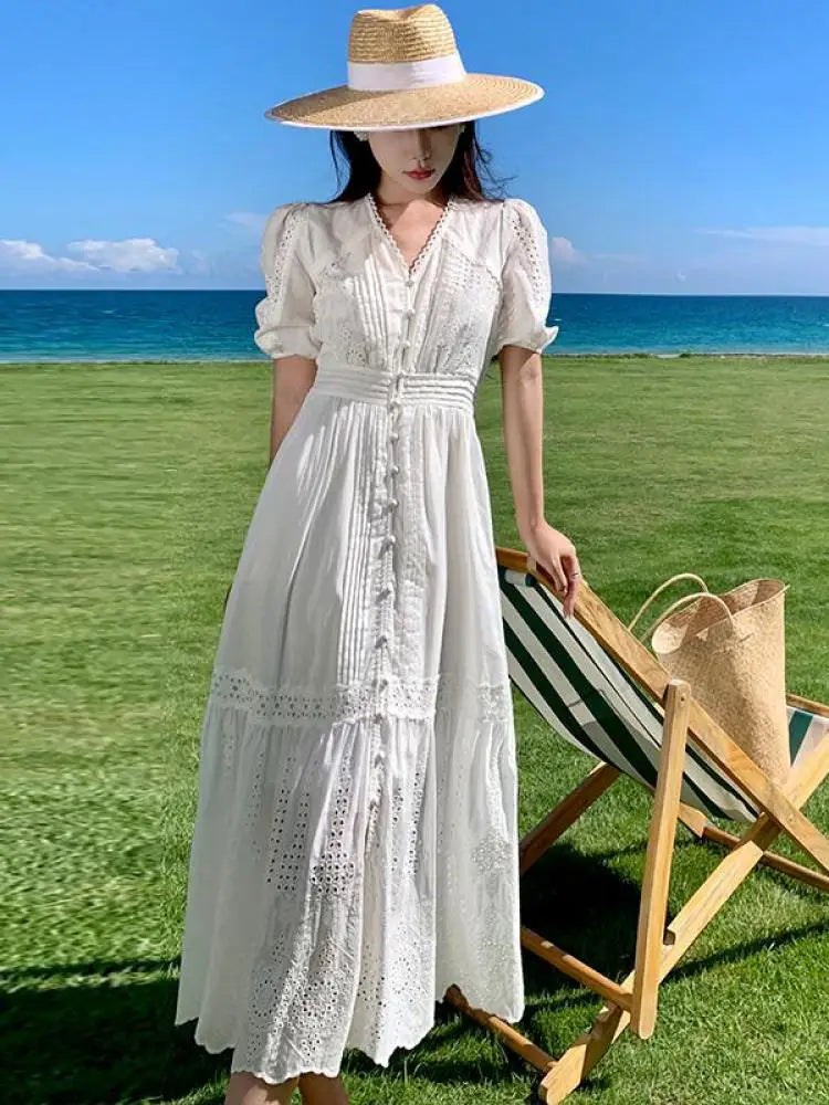 Aiertu Vintage Summer White Hollow Out Embroidery Long Dress For Women V Neck Short Sleeve High Waist Slim Evening Party Dresses French Aiertu