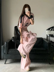 Aiertu New Design Gyaru Jeans Woman Vintage High Waist Wide Leg Pants Bow Elastic Waist Baggy Trousers Casual Tide Streetwear Simple Aiertu
