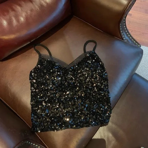 Sexy Sequin Party spaghetti Croset Bustier backless Slim Tanks and Camis Strap Glitter Crop Top Fashion Summer Women Clothes Y2k Aiertu
