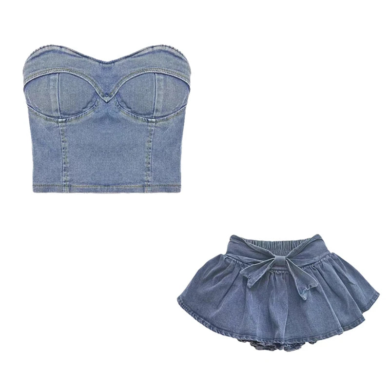 Aiertu Denim Blue Sets Women Strapless Washed Slim Tanks Bow Designed Chic Mini Skirts Sexy Clubwear Summer Outfits Aesthetic Ruffles Aiertu