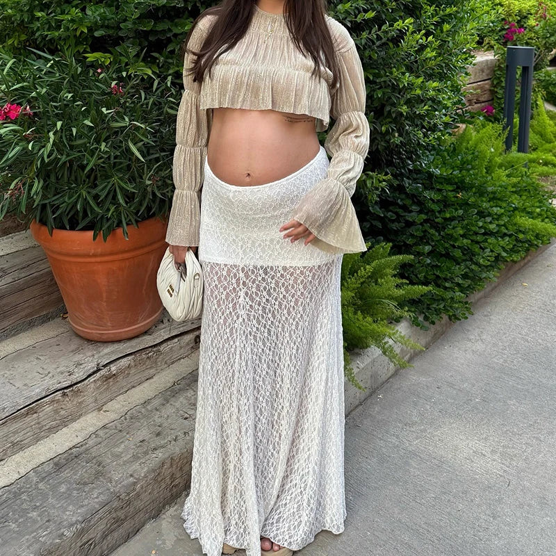 AIERTU  -  Vintage Sheer Lace Maternity Skirts for Women Low Elastic Waist Loose Fit Long Skirt Casual Pregnancy Skirts Fashion Streetwear Aiertu