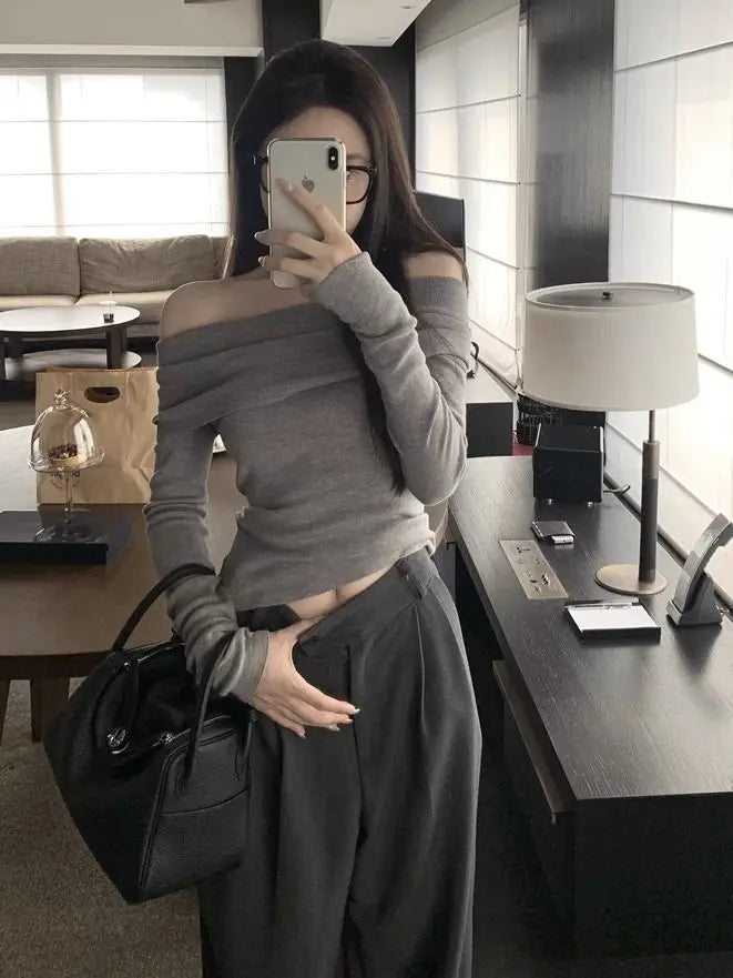 Slash Neck Pullovers Women Short Knitted Thin Slim Defined Waist Basic All-match Sexy Elegant Off Shoulder Autumn Winter Female Aiertu