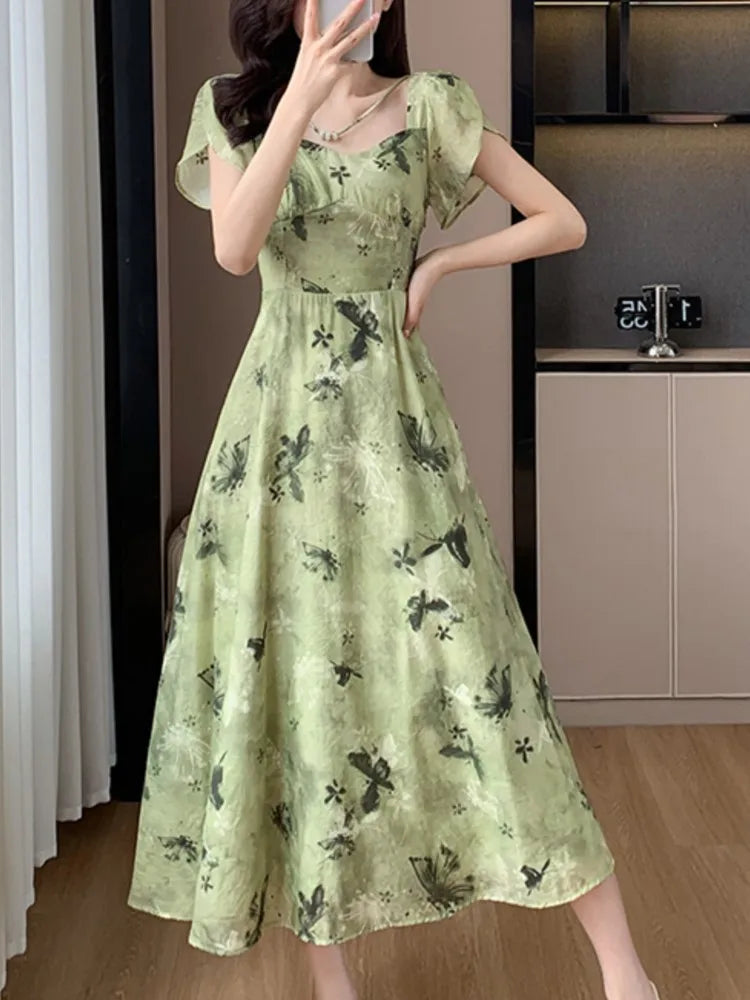 Aiertu New Women Vintage Floral Print Midi Green Dress Elegant Chic A-Line Party Evening Clothes Female Fashion Casual Vestidos Robe Aiertu