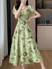 Aiertu New Women Vintage Floral Print Midi Green Dress Elegant Chic A-Line Party Evening Clothes Female Fashion Casual Vestidos Robe Aiertu