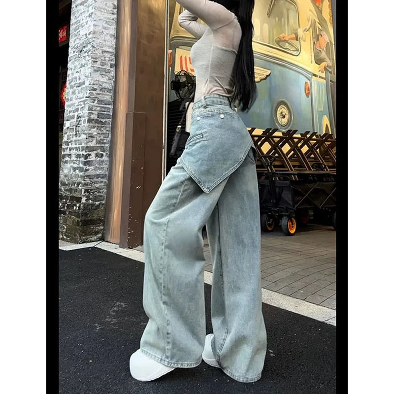Aiertu Women's Blue Baggy Y2k Jeans Vintage 90s Aesthetic Patchwork Cowboy Pants Harajuku Denim Trouser Streetwear 2000s Trashy Clothes Aiertu