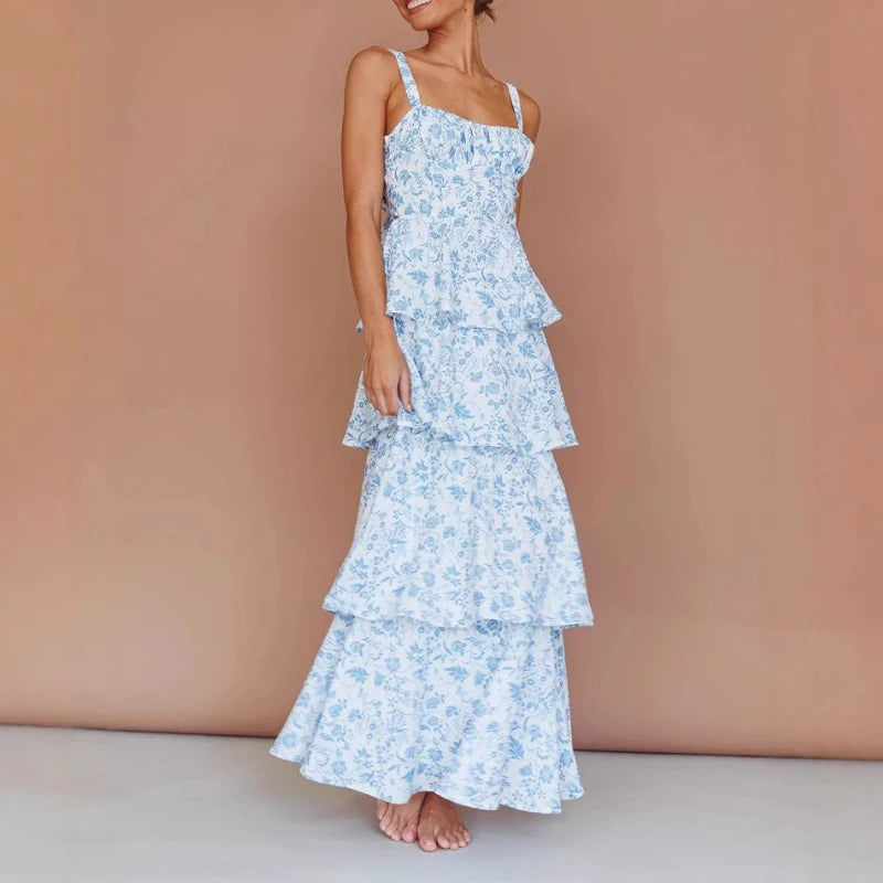 AIERTU  -  Cake Dress Floral Printed Sleeveless Straps U Neck Tank A Line Slim Waist Strap Tierred Holiday Beach Summer Long Dress Women Aiertu