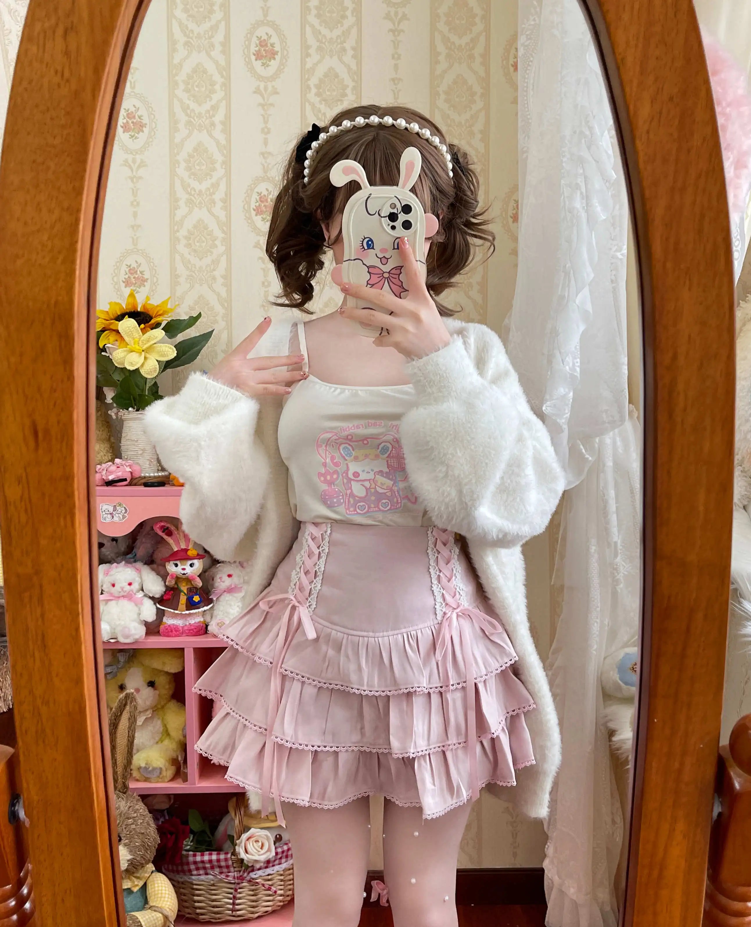 Lolita Tiered Mini Skirt Women Skorts Kawaii Layered Ruffle High Waist Lace Up A Line Cute Skirts for Teen Girls Aiertu