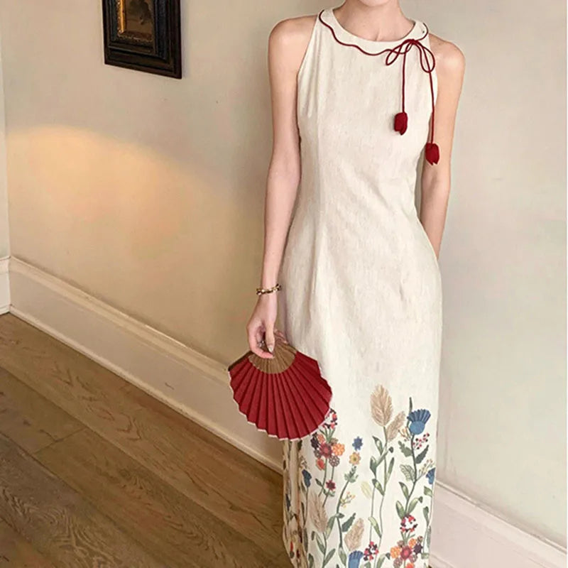 AIERTU  -  Women Dress New Chinese Style Printed Cheongsam Design Round Neck Tie Up Sleeveless Slim Fit Artistic Eetro Texture Long Dresses Aiertu