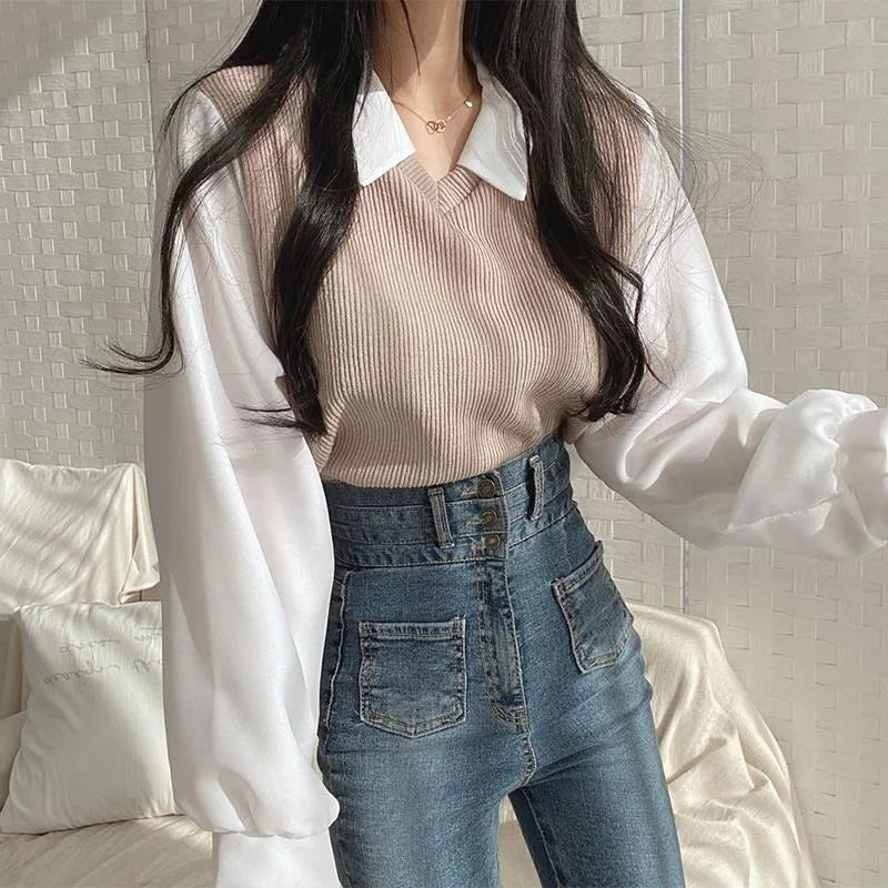Aiertu Thread of Screw False Two-piece Polo Collar Sweatshirts Women Korean Patch Fashion Loose Female Pullovers Autumn Winter Y2k Tops Aiertu