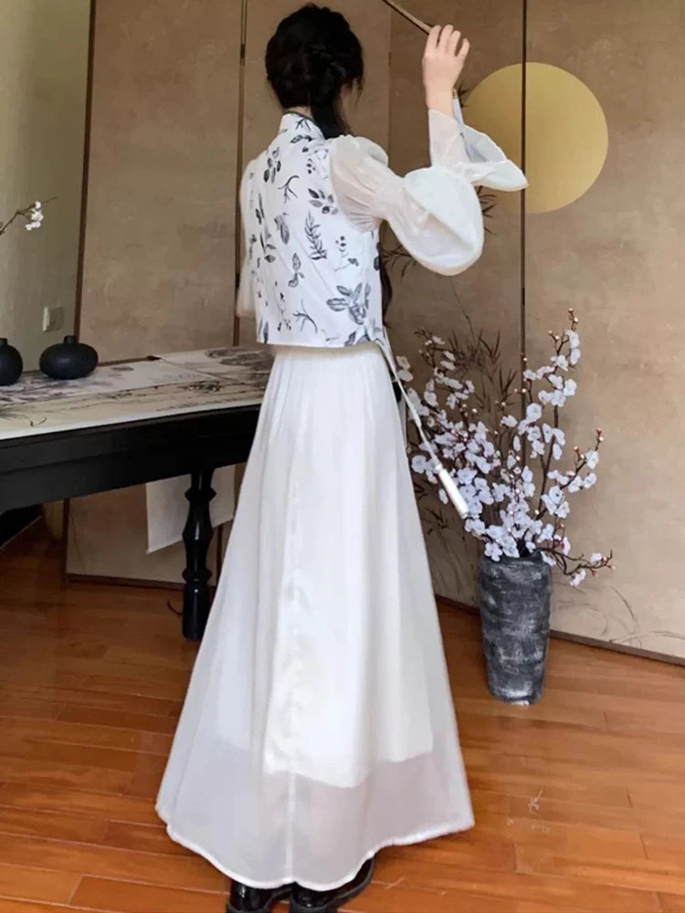 Aiertu Vintage Floral 2 Piece Dress Sets Women Button Chic Korean Printing Shirt+solid Elegant Midi Skirt 2024 Autumn Casual Dress Sets Aiertu