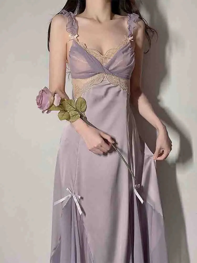 Aiertu Spring Sexy Silk Strap Dress Women French Elegant Party Fairy Dress Backless Lace Long Dresses Women Court Vintage Korean Aiertu