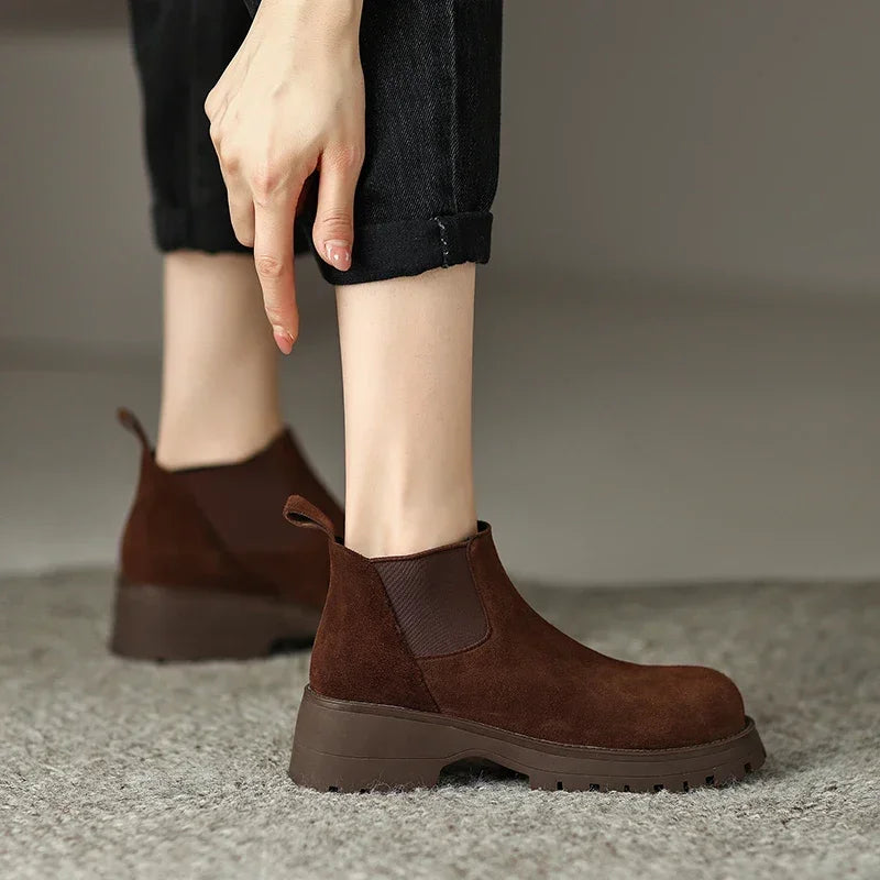 Autumn Women Boots Round Toe High Heel Cow Suede Leather Women Shoes Boots Winter Chunky Heel Ankle Boots Genuine Leather Aiertu