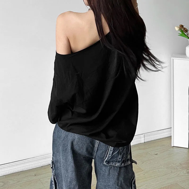 AIERTU  -  Women T-shirt Slanted Neck Loose Letter Print Pattern Solid Color Simple Fashion Daily Leisure Versatile Short Sleeve Top Aiertu