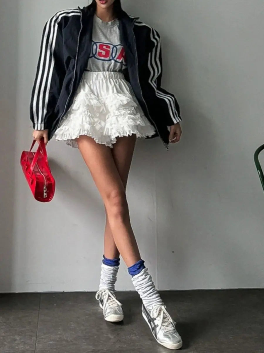 Aiertu Korean Style Summer New Academy Style White Cake Shorts Lace Sweet Cool Girl High Waist Slimming Fluffy Short Skirts for Women Aiertu