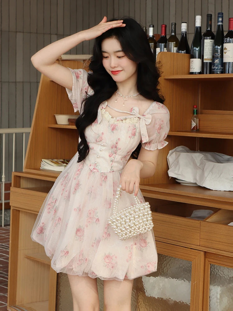 Aiertu Floral Sweet Fairy Bodycon Dresses for Women Elegant Party Print French Female Korean Fashion Cute Mini Dress Summer Pink Aiertu