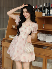Aiertu Floral Sweet Fairy Bodycon Dresses for Women Elegant Party Print French Female Korean Fashion Cute Mini Dress Summer Pink Aiertu