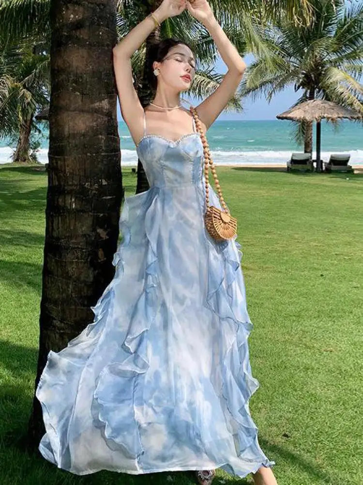 Aiertu Summer Elegant Sleeveless Backless A-line Slip Dress Retro Blue Tie Dye Slim Ruffles Irregular Party Long Dresses For Women Aiertu