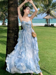 Aiertu Summer Elegant Sleeveless Backless A-line Slip Dress Retro Blue Tie Dye Slim Ruffles Irregular Party Long Dresses For Women Aiertu