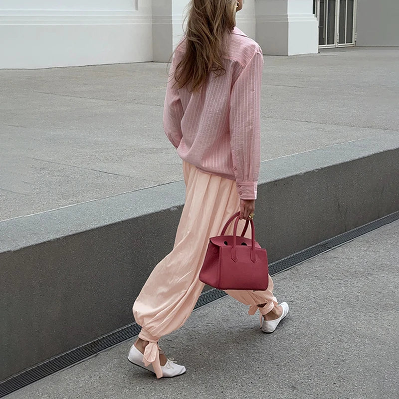 AIERTU  -  Summer Spring Strapped Lantern Pants High Waist Elastic Loose Sweet Girl's Party Long Ruched Pink Trousers Clubwear Aiertu