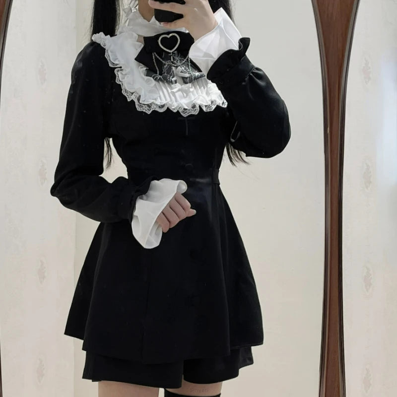 Japanese Punk Style Y2k Lolita OP Dress Women Vintage Elegant Ruffle Bow Lace Evening Party Dresses Female High Waist Slim Dress Aiertu