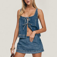 AIERTU  -  Women's Tie Front Denim Jean Vest Top and Mini Skirt 2-Piece Set Summer Trendy Going Out Outfits Clothes Summer Chic Streetwear Aiertu