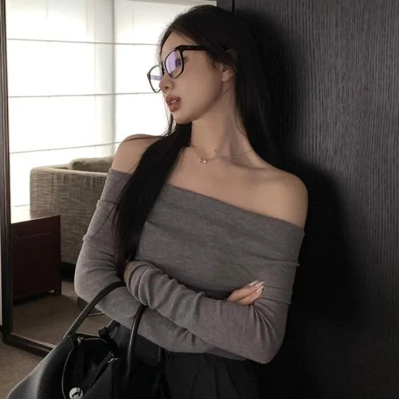 Slash Neck Pullovers Women Short Knitted Thin Slim Defined Waist Basic All-match Sexy Elegant Off Shoulder Autumn Winter Female Aiertu