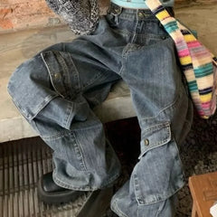 Aiertu Harajuku Vintage Cargo Jeans Women Oversize Y2K Grunge Black Baggy Denim Pants Hip Hop Streetwear Wide Leg Trousers Aiertu