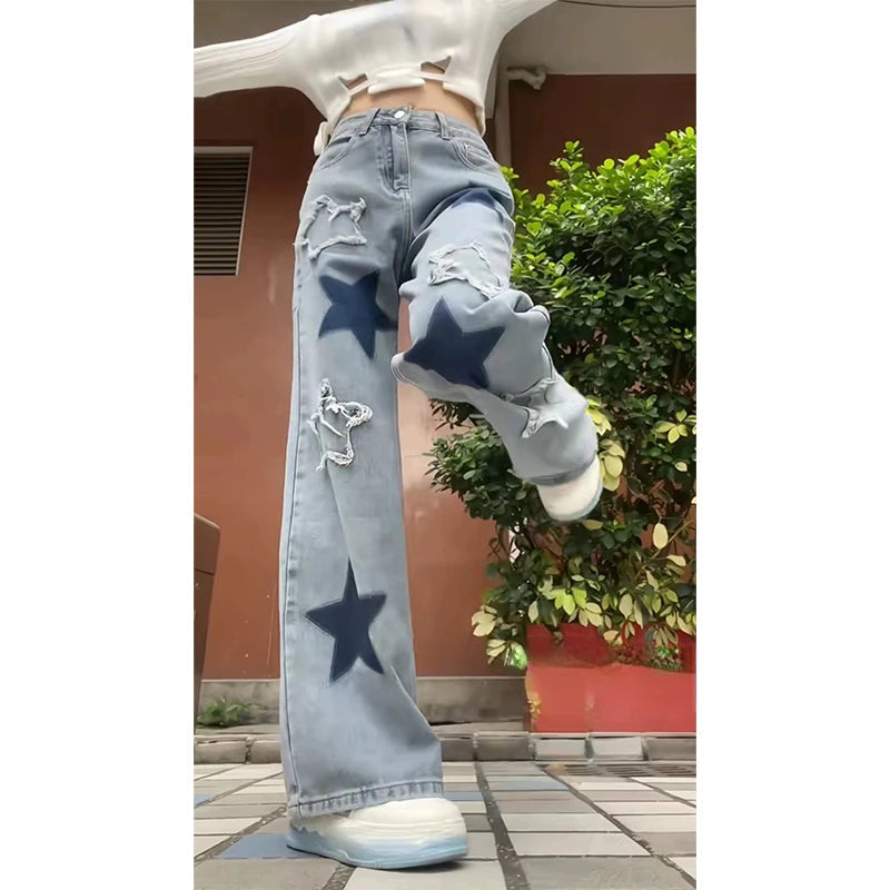 Aiertu Women's Baggy Blue Star Jeans Vintage Y2k 90s Aesthetic Denim Trousers Harajuku High Waist Wide Cowboy Pants 2000s Clothes 2024 Aiertu