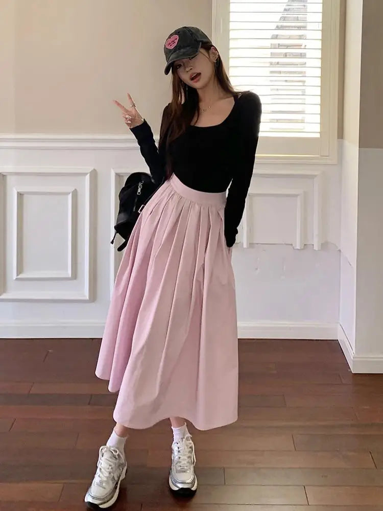 Aiertu Spring And Autumn New Fashion Women's Sweet Elegant High Waist Pleated Pink Zipper Half Length A-line Long Skirt Lady Sexy Party Aiertu