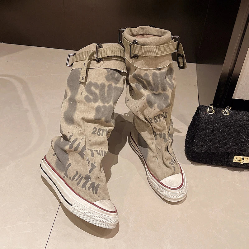 Aiertu Back  to school 2024 Graffiti High Top Canvas Shoes Women's Spring Boots Wide Barrel Mid Barrel Boots New Trouser Barrel Stacking Boots Aiertu