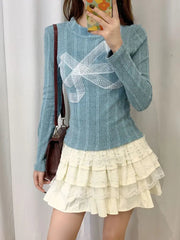 Aiertu Korean Style Y2k Knitted Pullover Women Bow Lace Long Sleeve Sweaters Harajuku Vintage Patchwork Knitwear Pullovers Aiertu