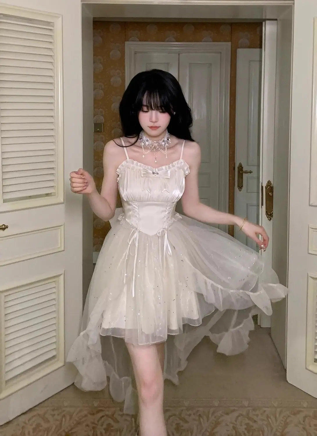 Aiertu Sweet Japanese Sequined Slip Dress Women Mesh Patchwork Sexy Princess Mini Dress Female Summer Casual Elegant Party Dresses Aiertu