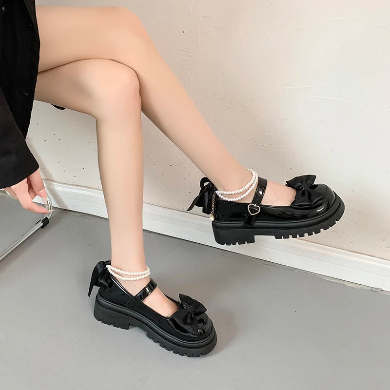 Aiertu Back  to school Sweet cool small leather shoes new summer lightweight muffin bow thick sole JK single shoes Aiertu