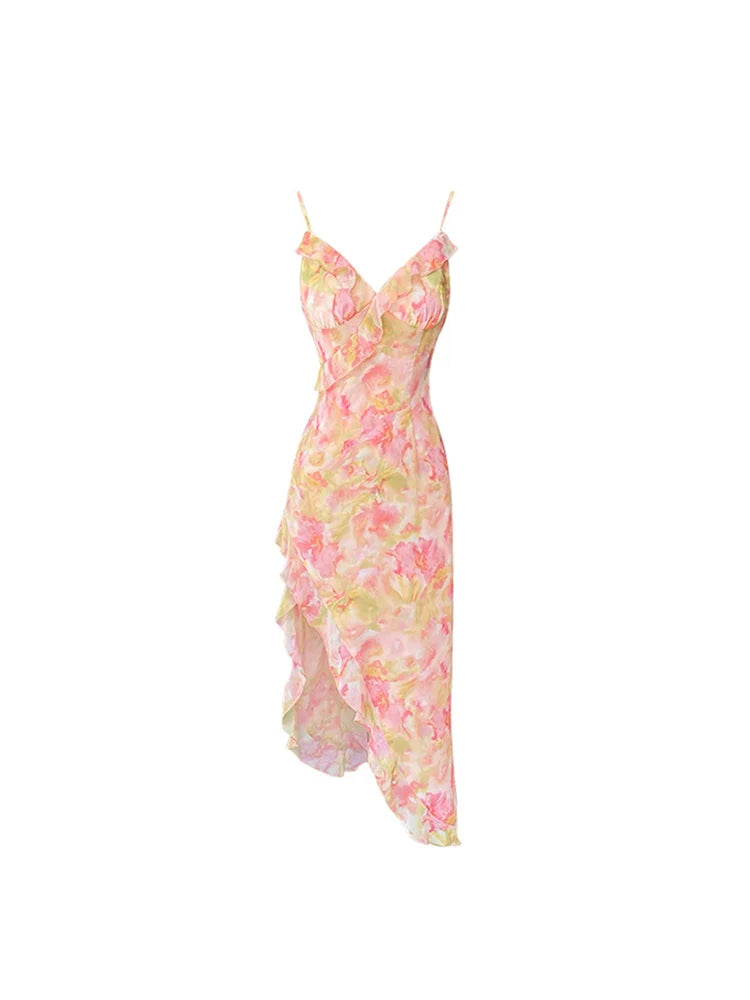 Aiertu Women Sexy Backless V-Neck Floral Print Suspender Dress Fashion French Elegant Holiday Party Club Sweet Mini Dress Summer Aiertu