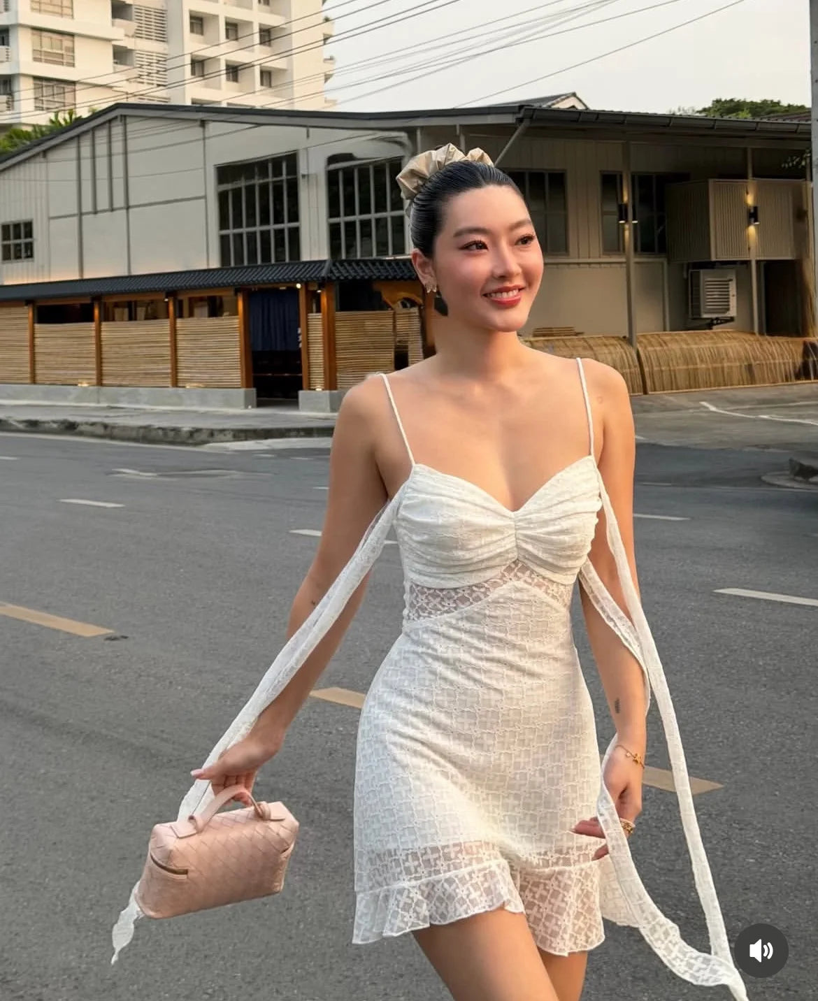 AIERTU  -  Summer White Lace Mini Dress Women Off Shoulder Tie Detail Sleeve V Neck Beach Party Irregular Dress Aiertu