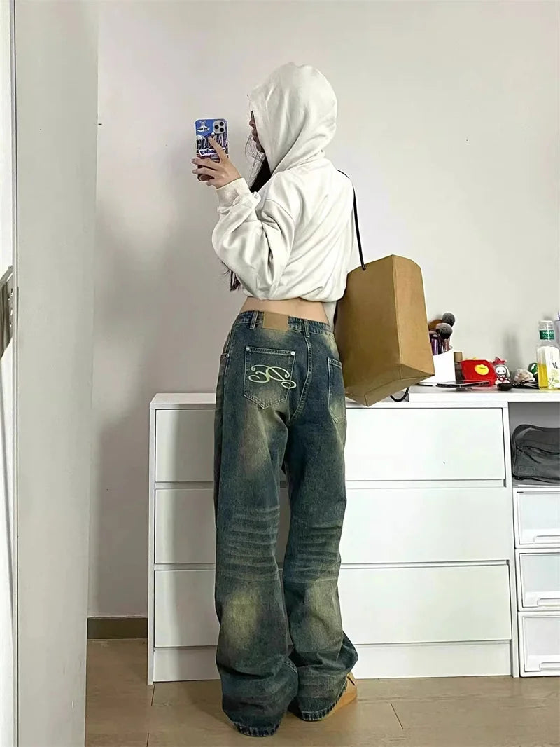 Aiertu Autumn Winter New Ladies Baggy Jeans American High Street Wide Leg Women's Jeans Note Embroidery Women Pants High Waist Aiertu