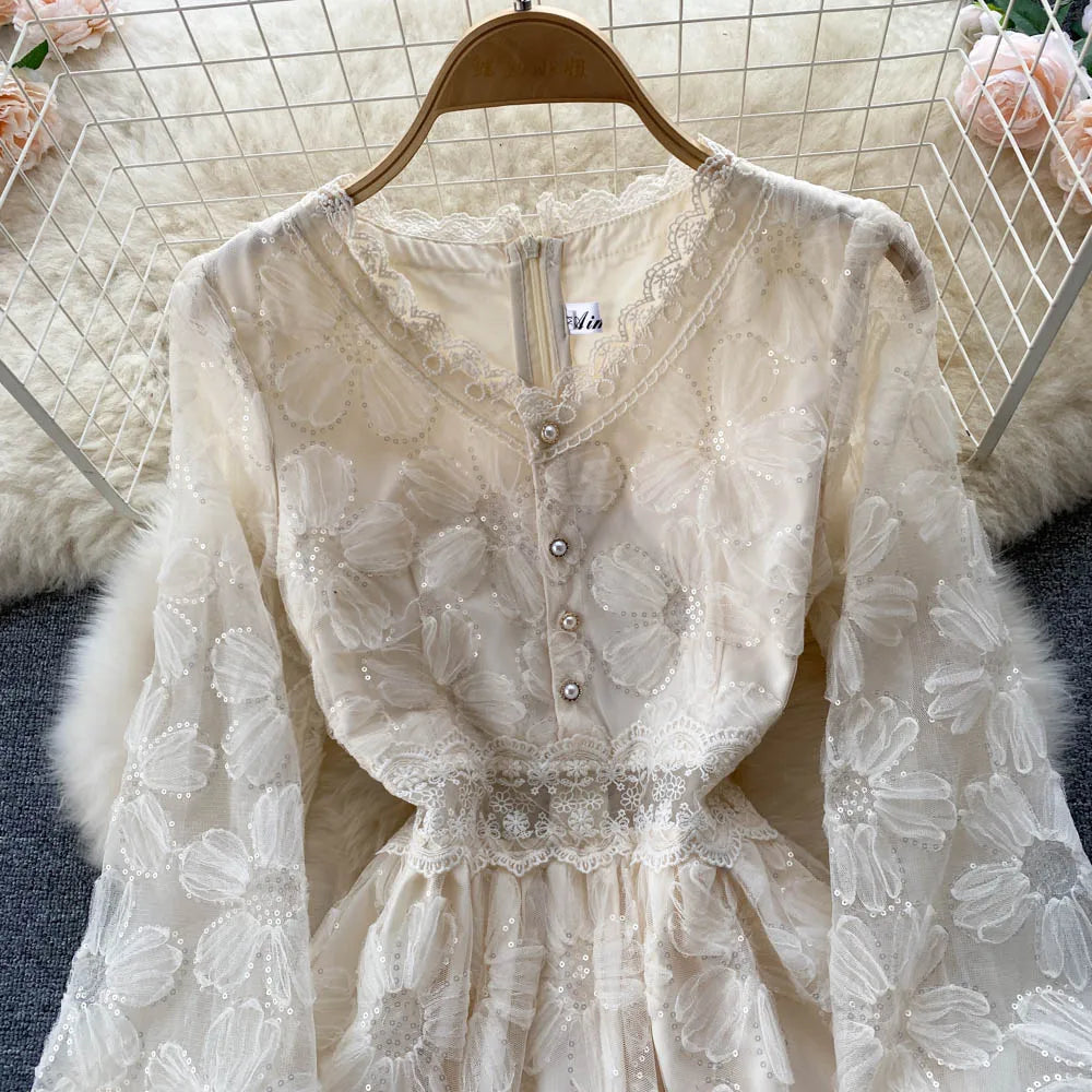 Aiertu Lace French Style Long Dress Summer Women V Neck Long Sleeves Zipper Ladies Sexy Vacation A Line Beach Dresses Aiertu