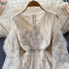 Aiertu Lace French Style Long Dress Summer Women V Neck Long Sleeves Zipper Ladies Sexy Vacation A Line Beach Dresses Aiertu