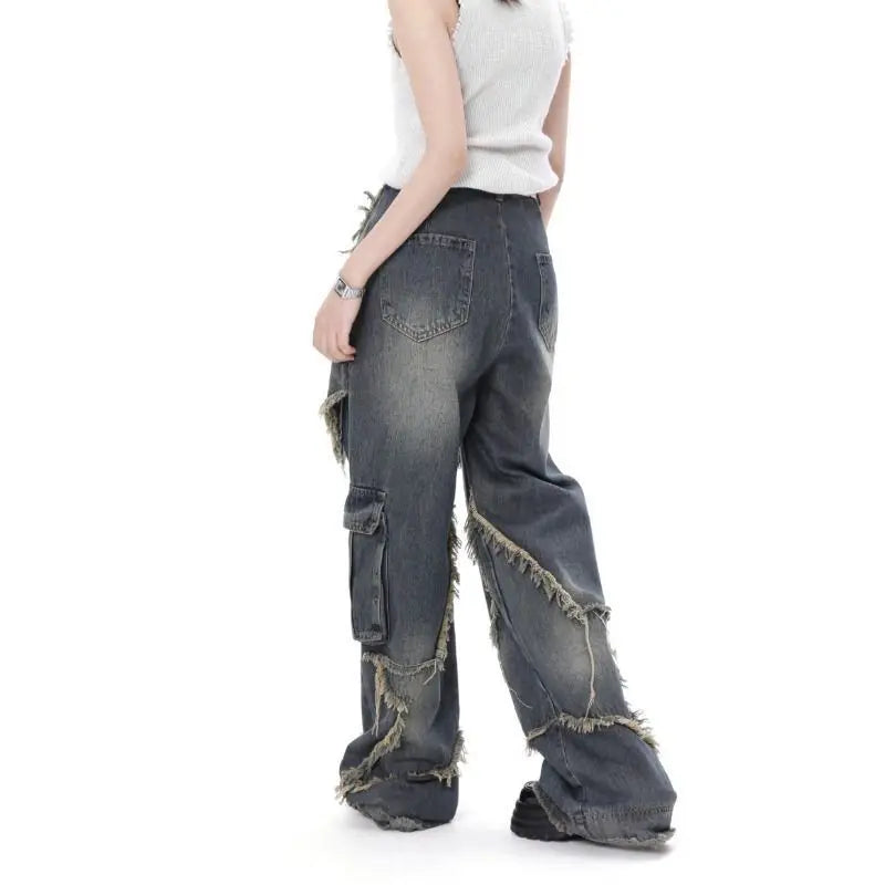 Aiertu  Vintage Women High Waist Jeans Streetwear Ripped Female Wide Leg Pant American Style Casual Tassel Straight Denim Trousers Aiertu