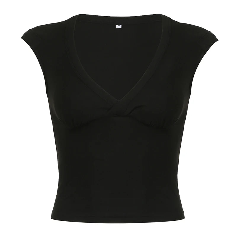 Aiertu Sexy Deep V Neck Crop Top Women Basic Solid Tee Shirts 2024 Summer New Fashion T-shirts Vintage Clubwear Ladies Clothing Aiertu