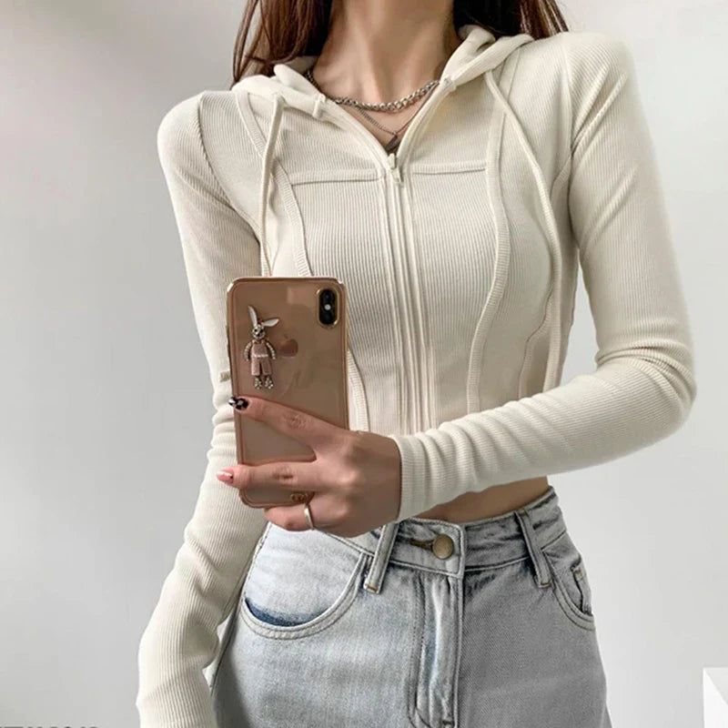 Aiertu Thin Hooded Cardigan Women Korean Vintage Slim Summer Solid Sports Jacket Vertical Pit Stripe Zipper Female Sexy Cropped Tops Aiertu