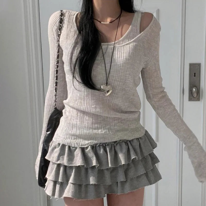 Aiertu Two Pieces Set Autumn Simple Casual Long Sleeve Vintage Women T-shirts + Japanese Solid Bottoming Y2k Aesthetic All Match Tanks Aiertu