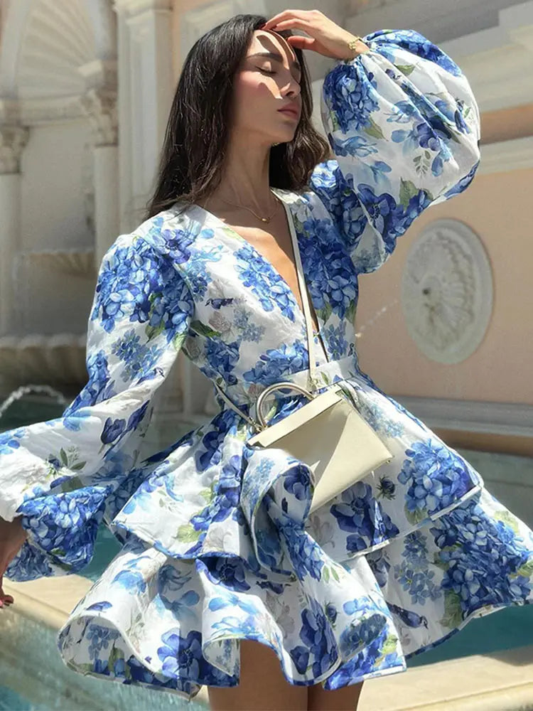 Aiertu Elegant Flower Printed Ruffles Layered Mini Dress Chic V Neck Puff Long Sleeved A Line Dresses Fashion Lady Evening Party Gown Aiertu