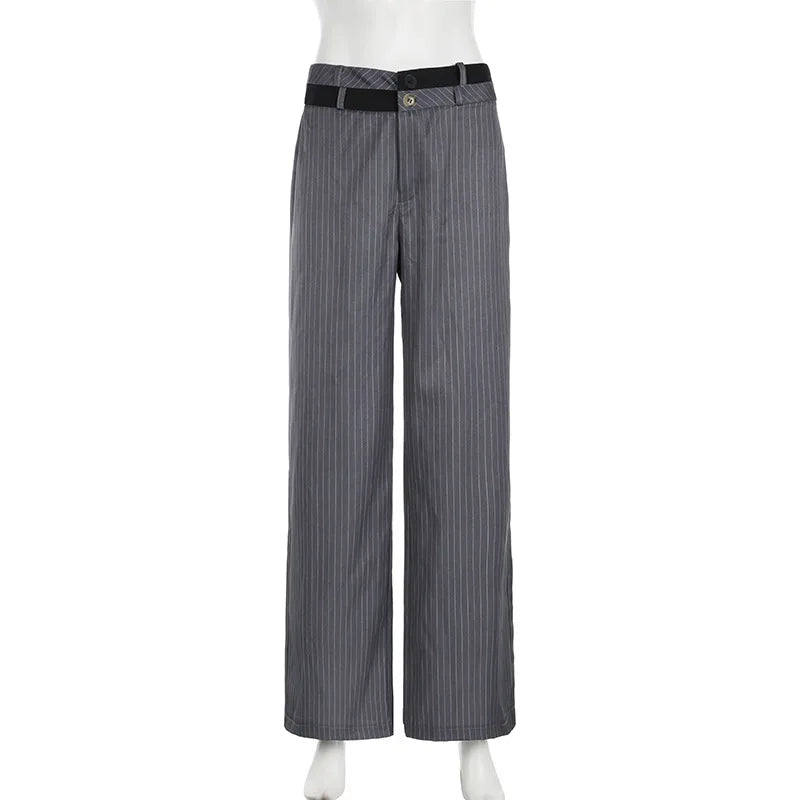 AIERTU  -  Y2K Contrast Waistband Striped Pants Loose Straight Leg Hanging Casual Woven Versatile for Women Summer Aiertu