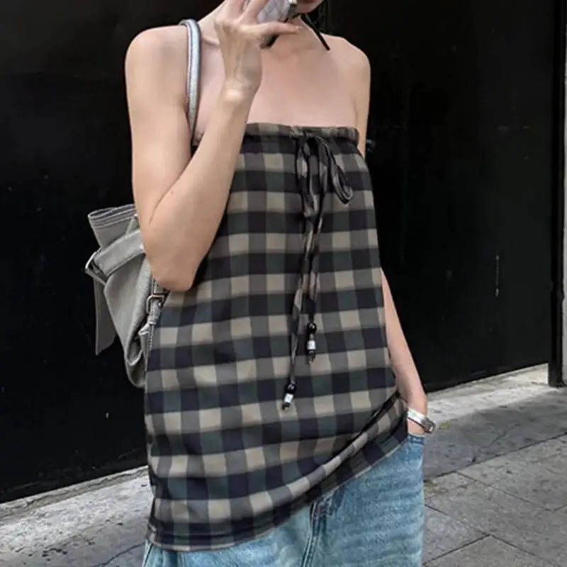 AIERTU  -  Checkered Lace Up Strapless Vest Backless Pure Cotton Drawstring Top Women Retro Sexy Loose And Personality Fashionable Casual Aiertu